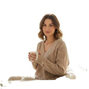 Lucky Brand Fuzzy CableKnit VNeck Pullover Sweater 2023 Marled Beige Size L